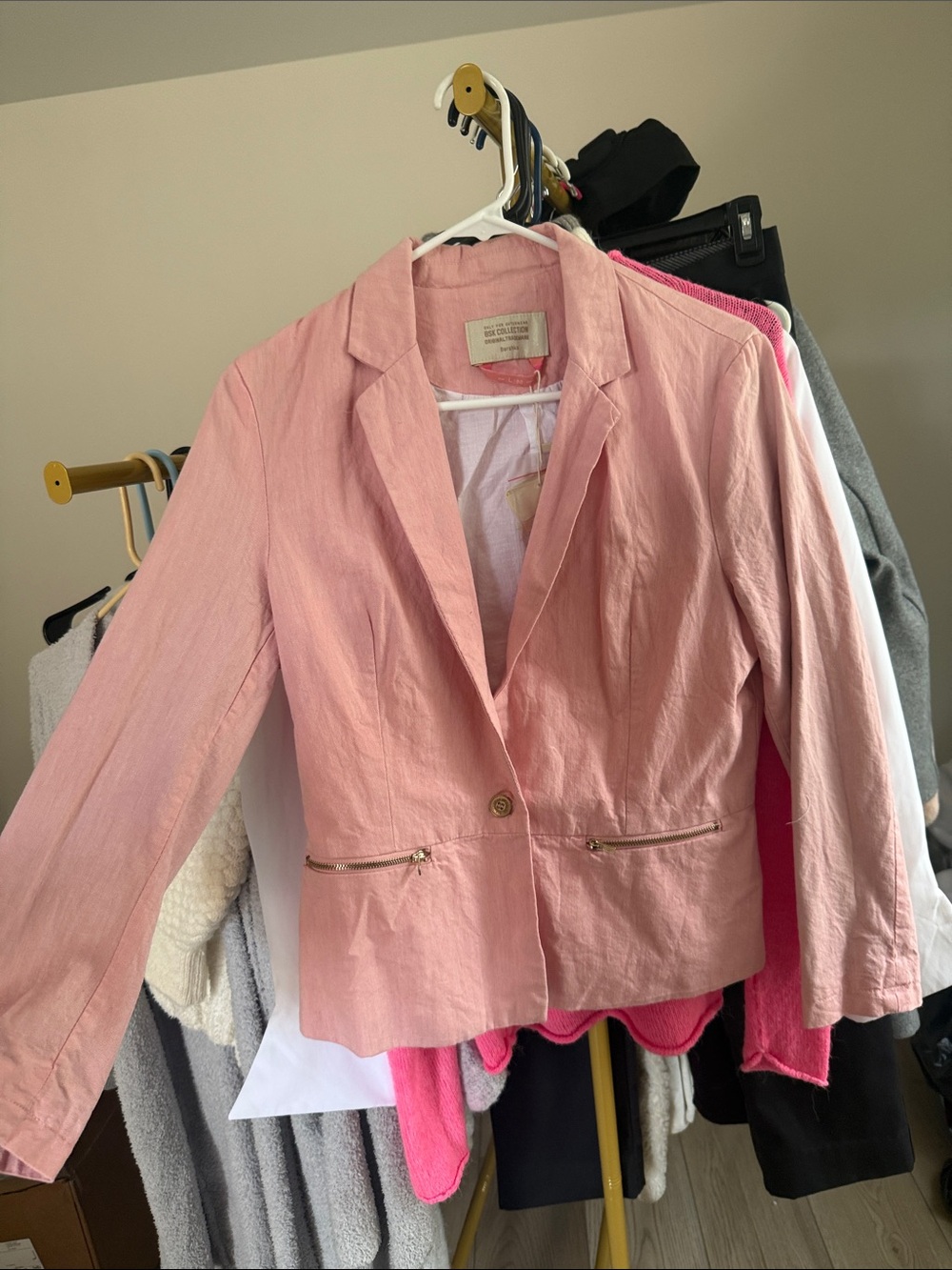 Bershka Light Pink Single-Button Blazer with Zip Pockets